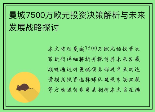 曼城7500万欧元投资决策解析与未来发展战略探讨