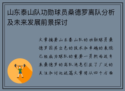 山东泰山队功勋球员桑德罗离队分析及未来发展前景探讨